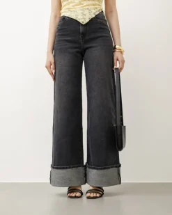 Jeans palazzo nero carbone con piega – 8545