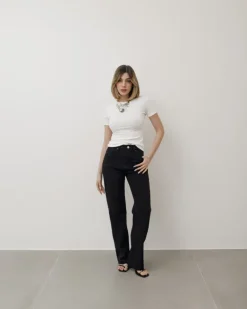 Jeans wide leg nero con orlo sfrangiato – XJ206